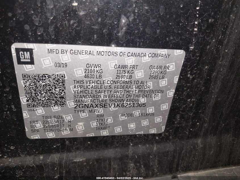 2019 CHEVROLET EQUINOX VIN: 2GNAXSEV1K6251305