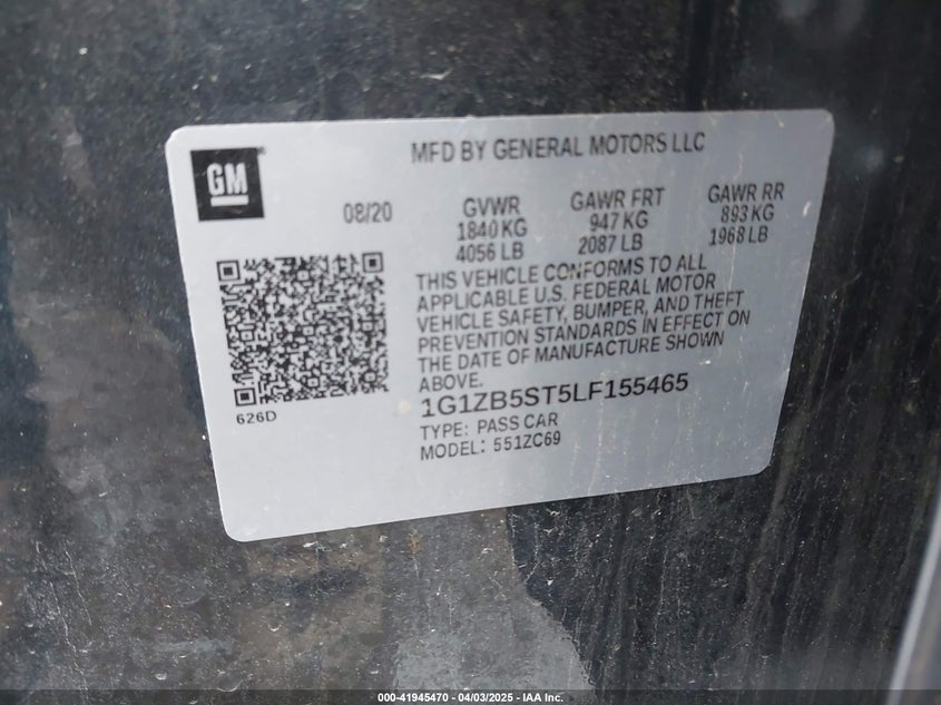 2020 CHEVROLET MALIBU VIN: 1G1ZB5ST5LF155465