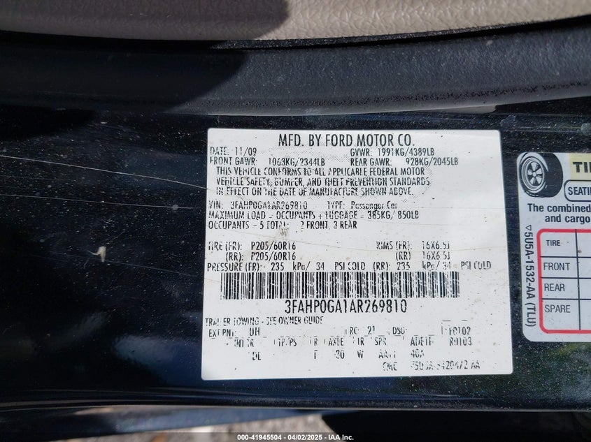 2010 FORD FUSION VIN: 3FAHP0GA1AR269810