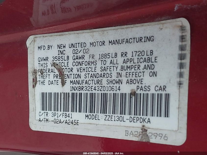 2003 Toyota Corolla Ce VIN: 1NXBR32E43Z010614 Lot: 41945548