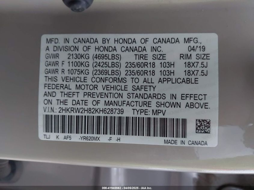 2019 Honda Cr-V Ex-L VIN: 2HKRW2H82KH628739 Lot: 41945562