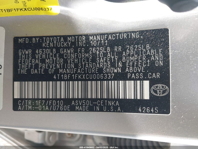 2012 TOYOTA CAMRY VIN: 4T1BF1FKXCU006337