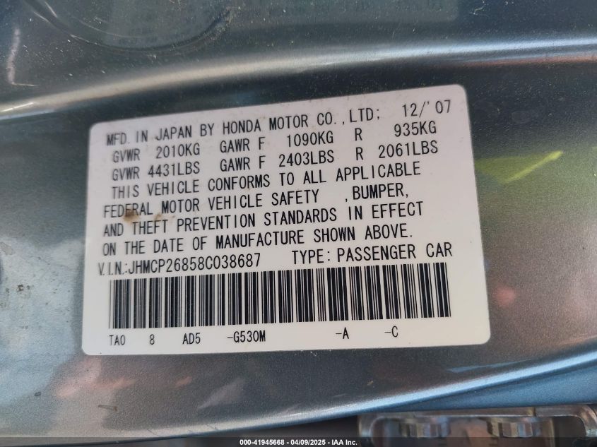 2008 Honda Accord 2.4 Ex-L VIN: JHMCP26858C038687 Lot: 41945668