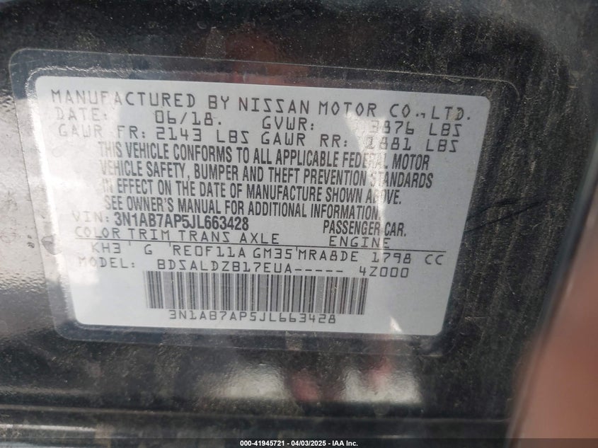 2018 NISSAN SENTRA VIN: 3N1AB7AP5JL663428