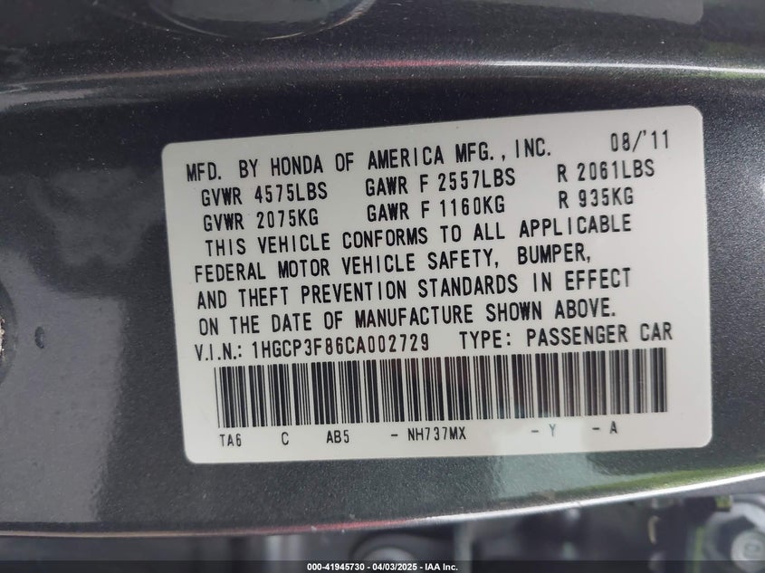 2012 HONDA ACCORD VIN: 1HGCP3F86CA002729