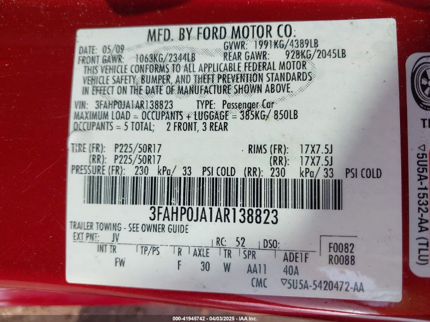2010 Ford Fusion Sel VIN: 3FAHP0JA1AR138823 Lot: 41945742