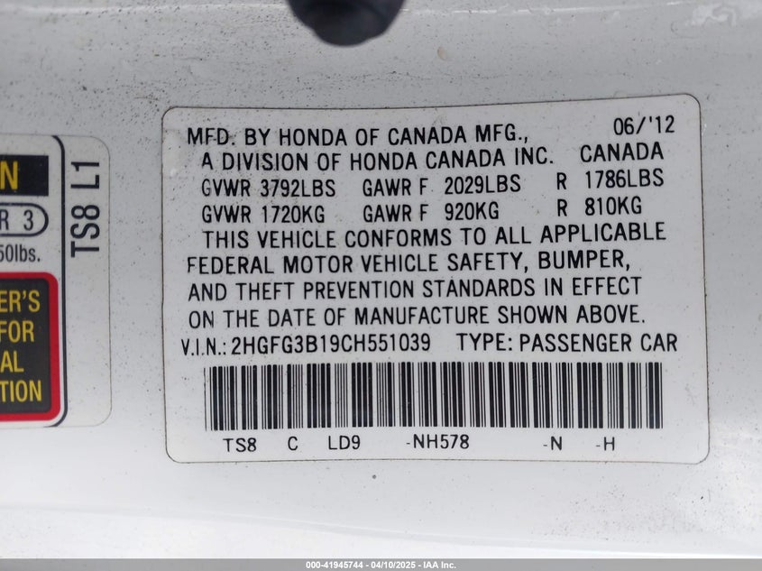 2012 HONDA CIVIC CPE VIN: 2HGFG3B19CH551039
