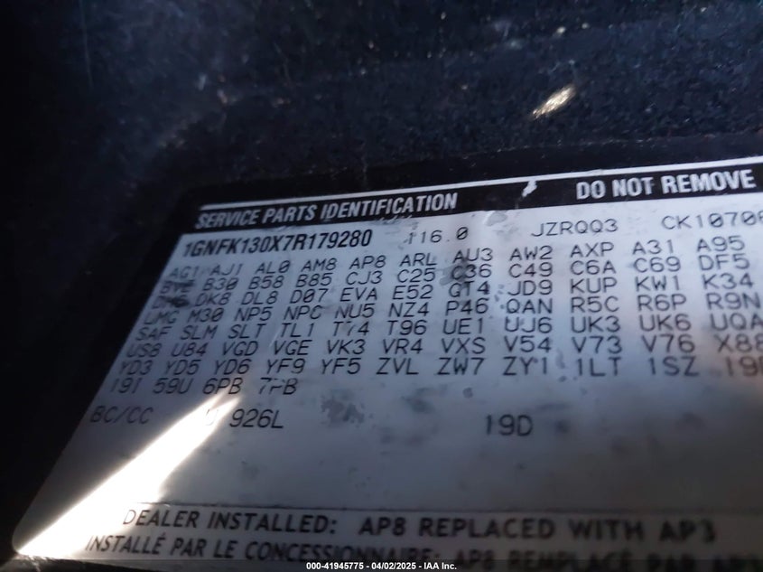 2007 CHEVROLET TAHOE VIN: 1GNFK130X7R179280