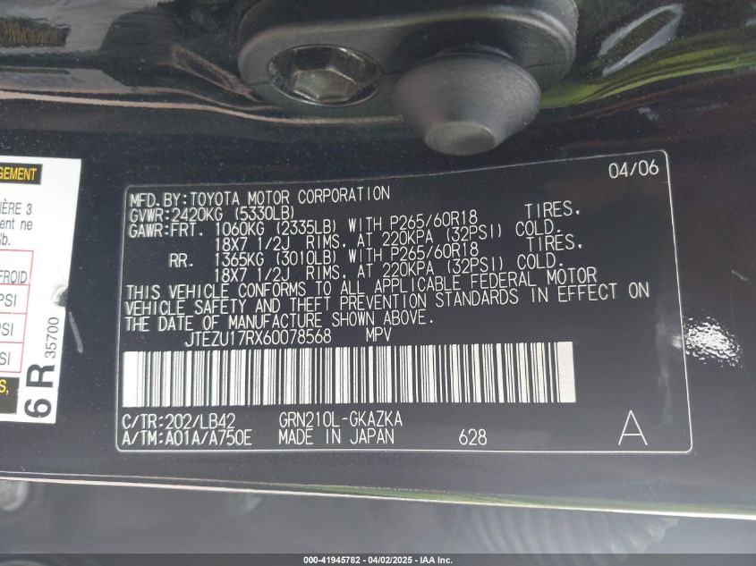 2006 Toyota 4Runner Limited V6 VIN: JTEZU17RX60078568 Lot: 41945782