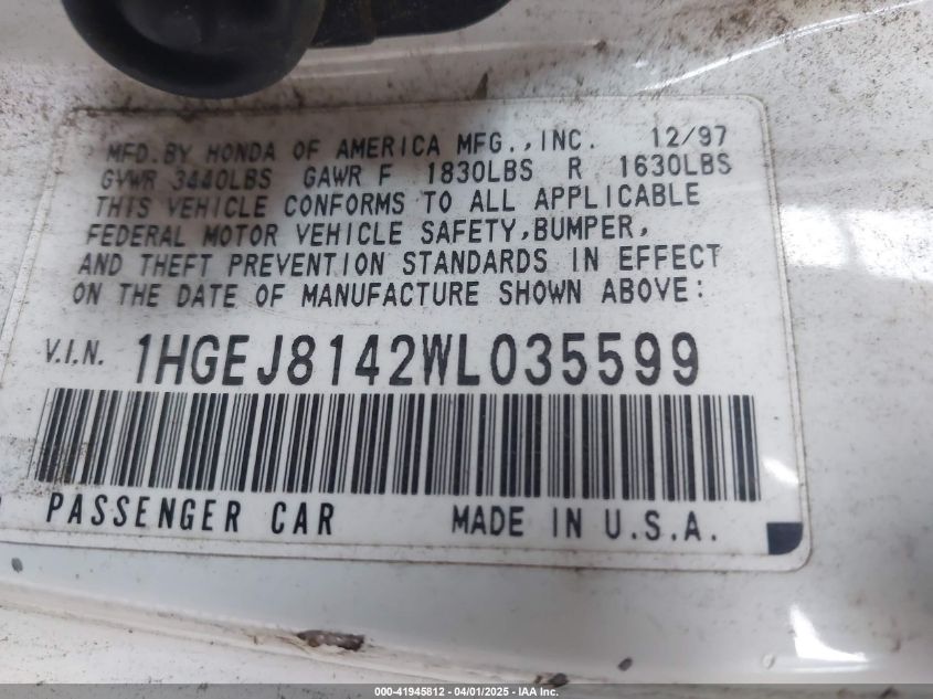 1998 Honda Civic Ex VIN: 1HGEJ8142WL035599 Lot: 41945812