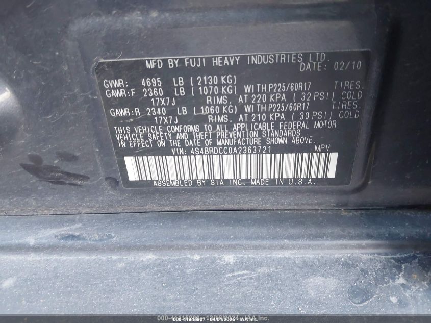 2010 Subaru Outback 3.6R Premium VIN: 4S4BRDCC0A2363721 Lot: 41945907