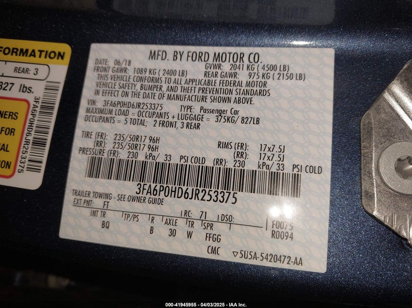 2018 FORD FUSION VIN: 3FA6P0HD6JR253375