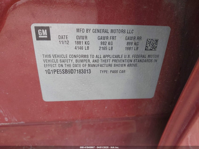 2013 CHEVROLET CRUZE VIN: 1G1PE5SB9D7183013