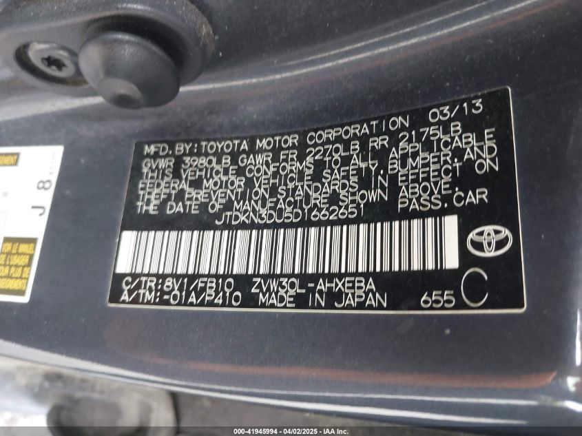 2013 Toyota Prius Three VIN: JTDKN3DU5D1662651 Lot: 41945994