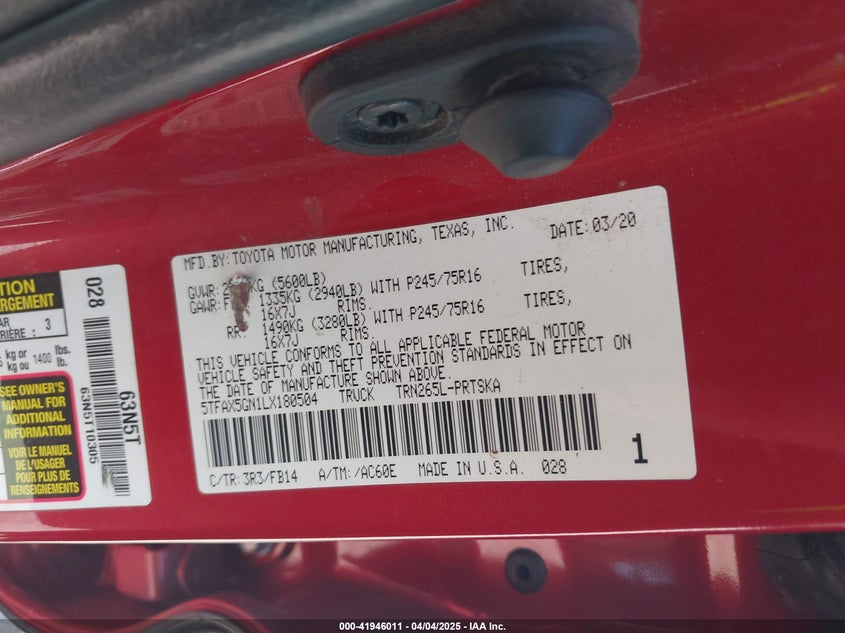 2020 TOYOTA TACOMA SR - 5TFAX5GN1LX180504