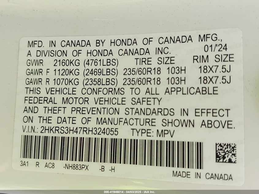2024 HONDA CR-V VIN: 2HKRS3H47RH324055
