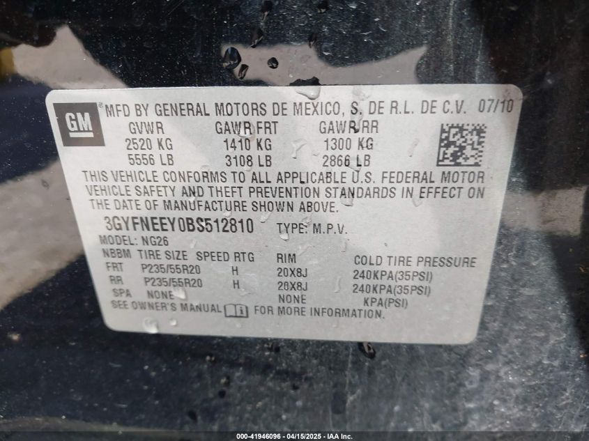 2011 Cadillac Srx Performance Collection VIN: 3GYFNEEY0BS512810 Lot: 41946096