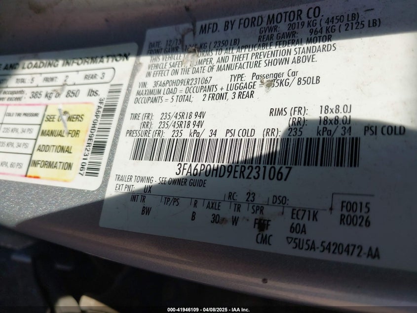 2014 FORD FUSION VIN: 3FA6P0HD9ER231067
