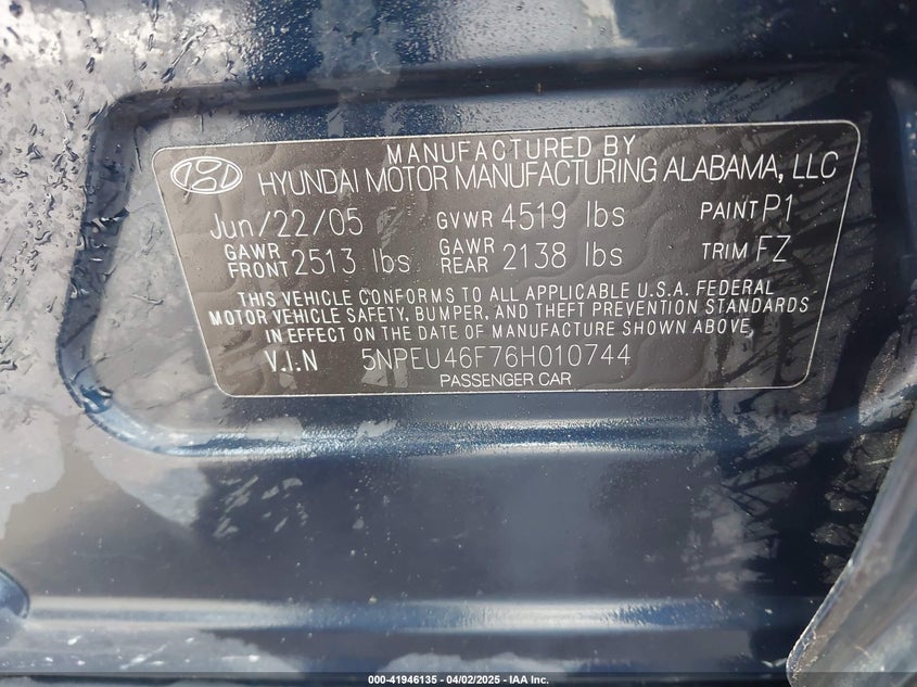 2006 HYUNDAI SONATA VIN: 5NPEU46F76H010744
