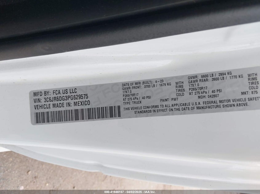 2023 RAM 1500 CLASSIC VIN: 3C6JR6DG3PG629575