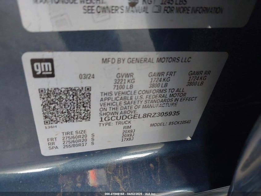 2024 CHEVROLET SILVERADO VIN: 1GCUDGEL8RZ305935