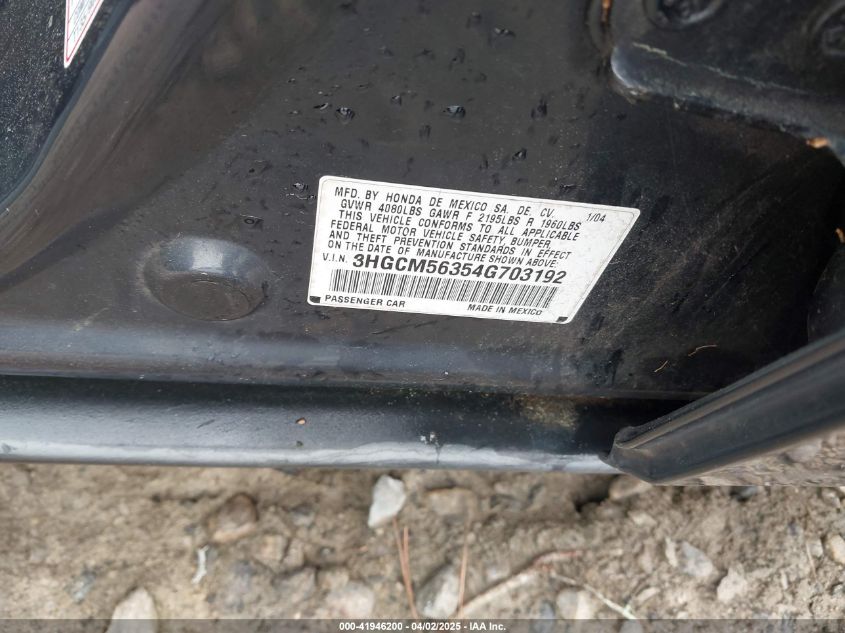 2004 Honda Accord 2.4 Lx VIN: 3HGCM56354G703192 Lot: 41946200