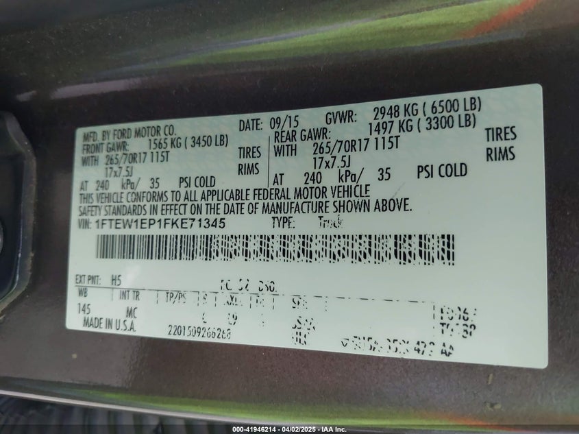 2015 FORD F-150 VIN: 1FTEW1EP1FKE71345