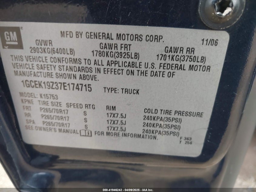 2007 CHEVROLET SILVERADO 1500 CLASSIC VIN: 1GCEK19Z37E174715
