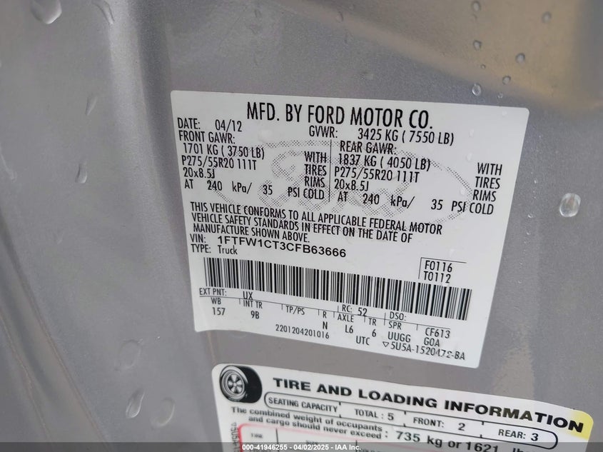 2012 FORD F-150 VIN: 1FTFW1CT3CFB63666