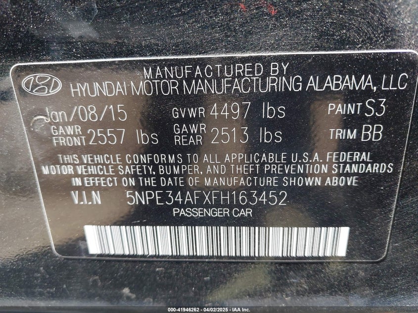 2015 HYUNDAI SONATA VIN: 5NPE34AFXFH163452