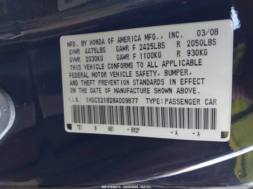 2008 HONDA ACCORD VIN: 1HGCS21828A009877