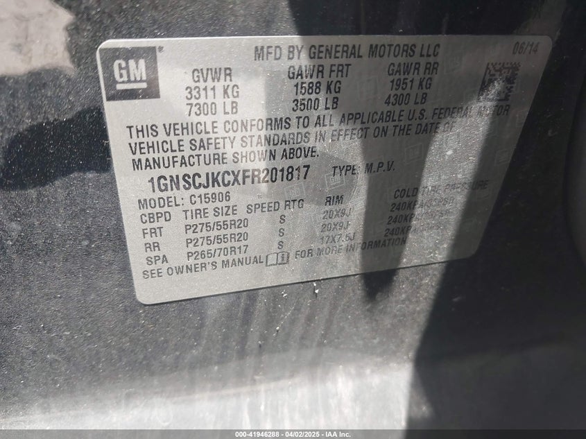 2015 CHEVROLET SUBURBAN 1500 VIN: 1GNSCJKCXFR201817