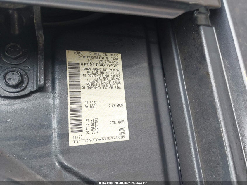 2011 NISSAN MAXIMA VIN: 1N4AA5AP0BC838448