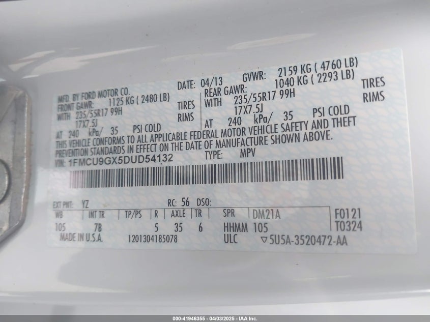 2013 FORD ESCAPE VIN: 1FMCU9GX5DUD54132