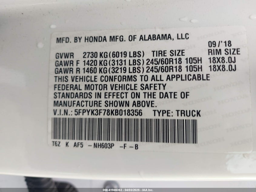 2019 HONDA RIDGELINE RTL - 5FPYK3F78KB018356