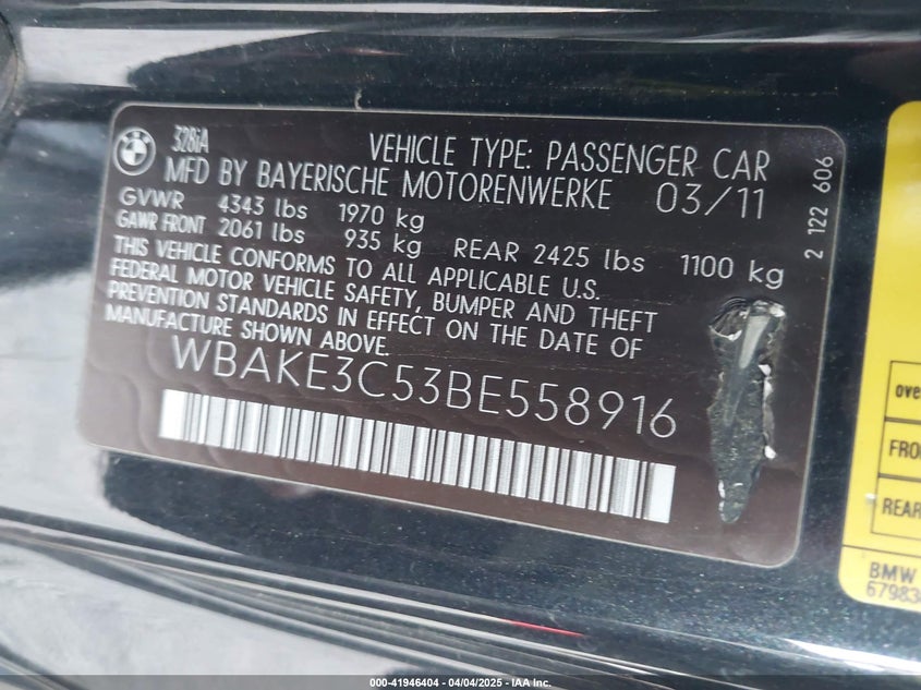 2011 BMW 328I VIN: WBAKE3C53BE558916