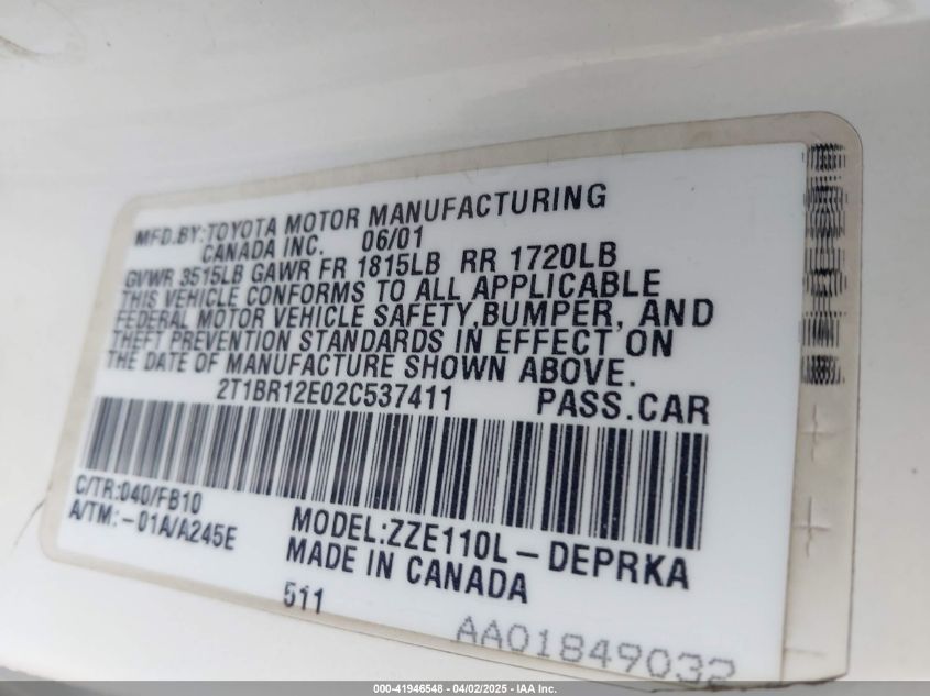 2002 Toyota Corolla Ce VIN: 2T1BR12E02C537411 Lot: 41946548