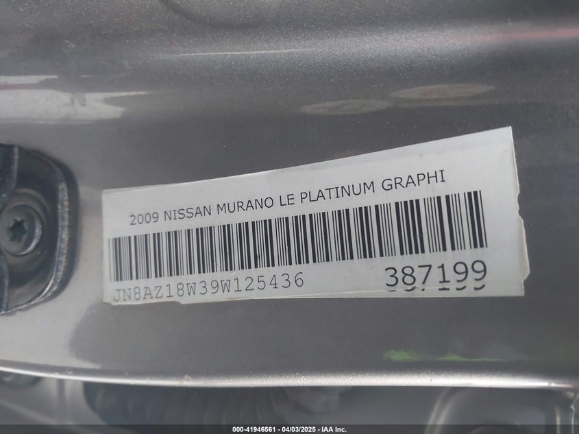2009 NISSAN MURANO VIN: JN8AZ18W39W125436