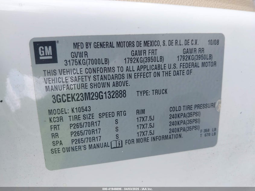 2009 CHEVROLET SILVERADO 1500 VIN: 3GCEK23M29G132888