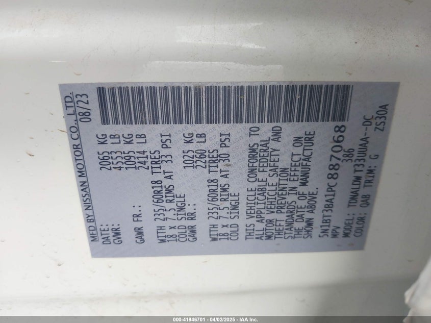 VIN 5N1BT3BA1PC887068 2023 NISSAN ROGUE SV FWD