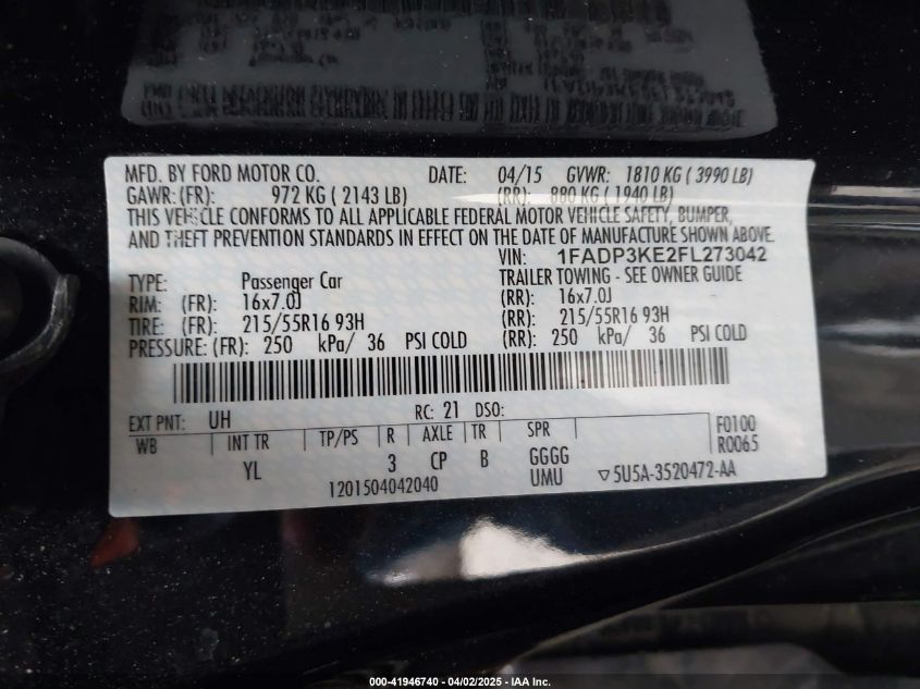 2015 Ford Focus Se VIN: 1FADP3KE2FL273042 Lot: 41946740