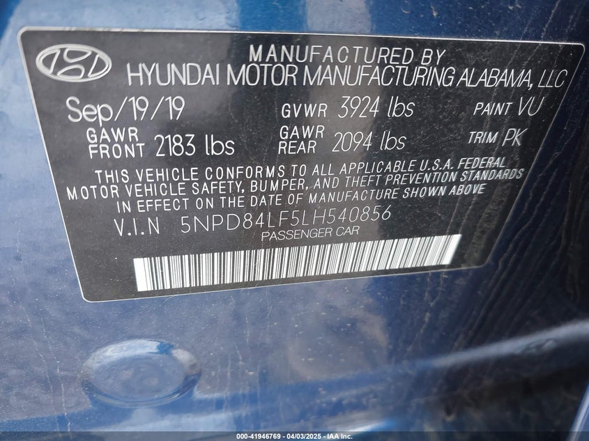 VIN 5NPD84LF5LH540856 2020 HYUNDAI ELANTRA VALUE EDITION
