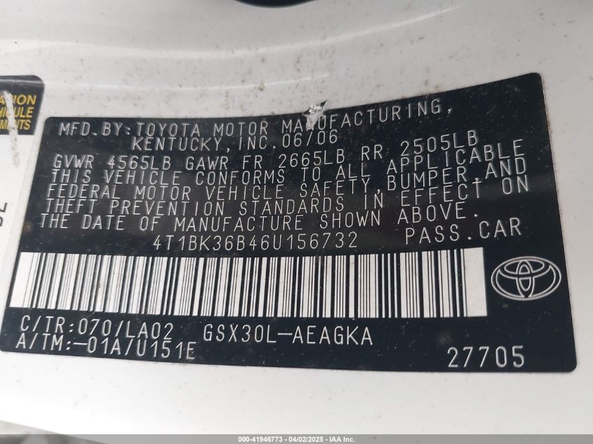 2006 Toyota Avalon Xls VIN: 4T1BK36B46U156732 Lot: 41946773