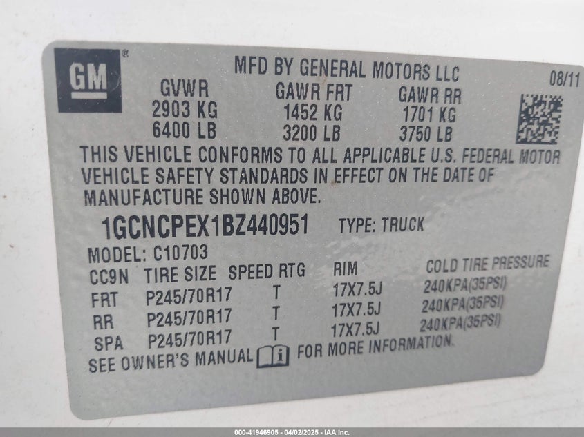 2011 CHEVROLET SILVERADO 1500 VIN: 1GCNCPEX1BZ440951