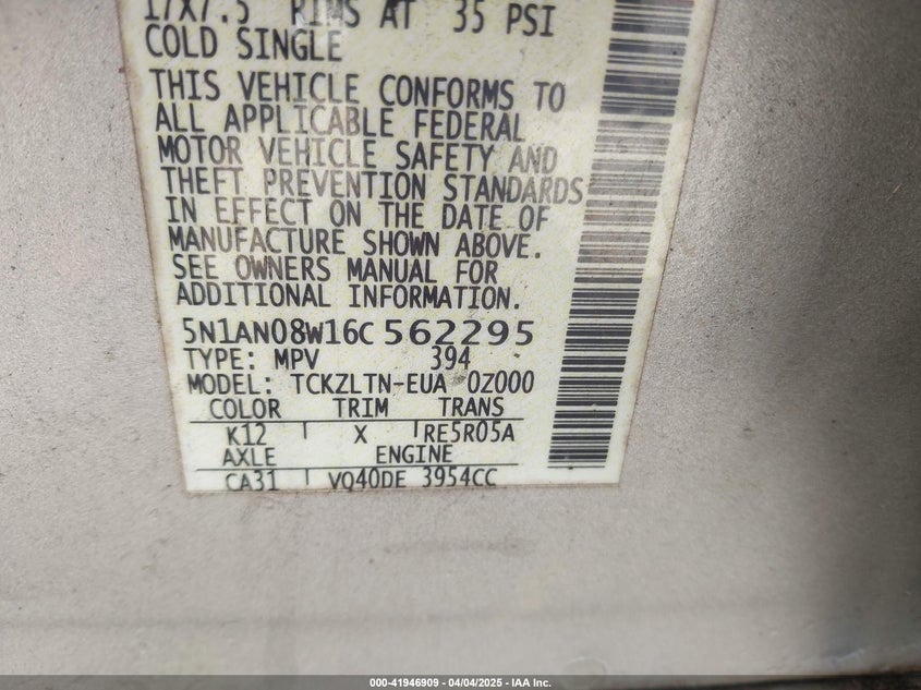 2006 NISSAN XTERRA VIN: 5N1AN08W16C562295