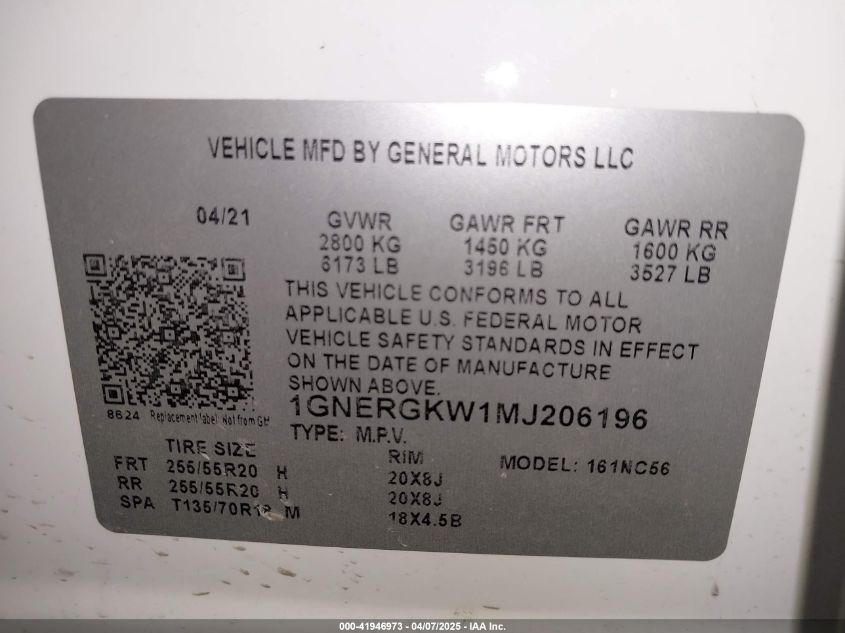 2021 Chevrolet Traverse Fwd Lt Cloth VIN: 1GNERGKW1MJ206196 Lot: 41946973