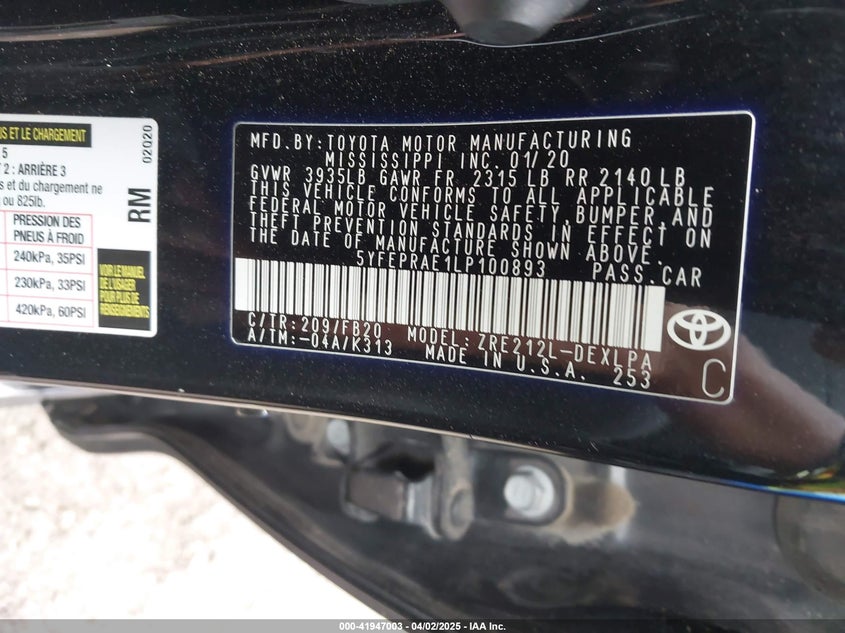 2020 TOYOTA COROLLA LE - 5YFEPRAE1LP100893