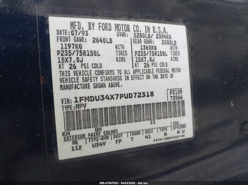 1993 Ford Explorer VIN: 1FMDU34X7PUD72318 Lot: 41947020