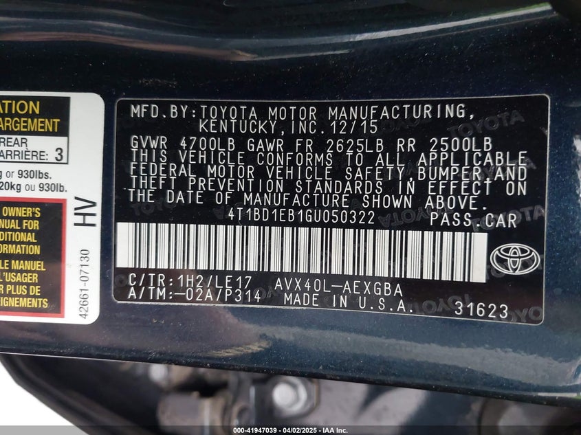 2016 TOYOTA AVALON HYBRID VIN: 4T1BD1EB1GU050322