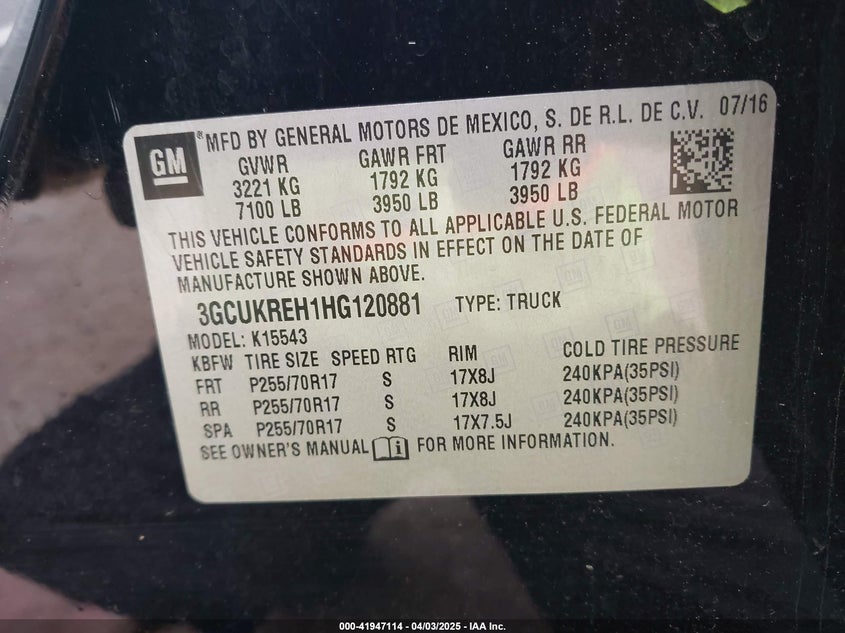 2017 CHEVROLET SILVERADO VIN: 3GCUKREH1HG120881